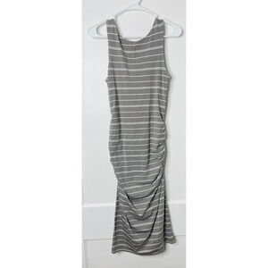 Athleta Comeback Tank Midi Dress Ruched Sleeveless Striped Gray White Lined Sz S